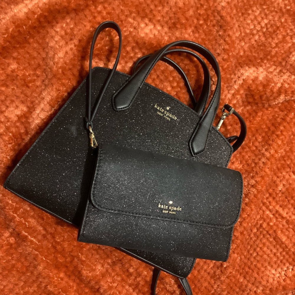 Kate Spade Black Glitter Tinsel Satchel & Phone Wallet - Picture 1 of 8